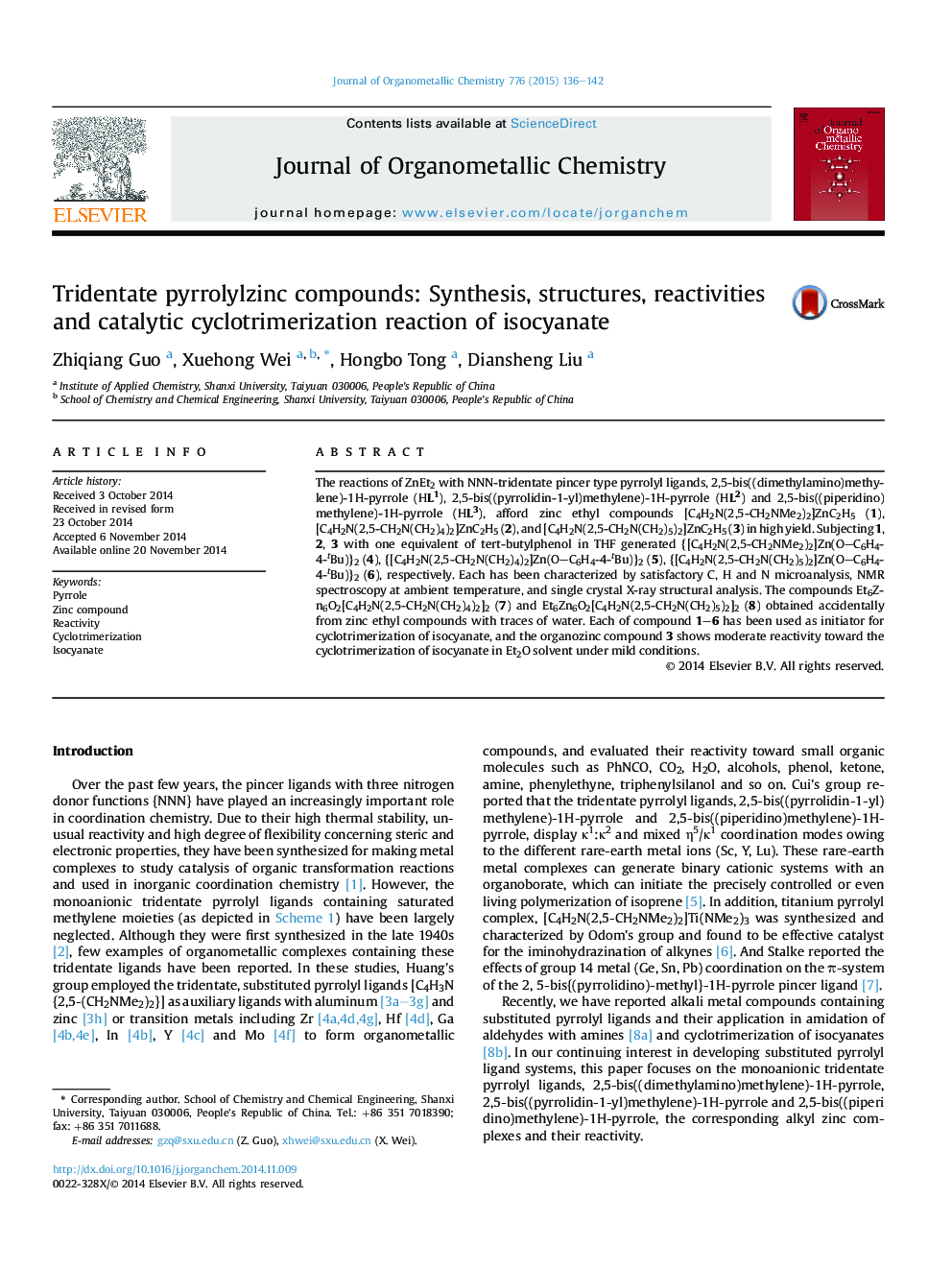 Tridentate pyrrolylzinc compounds: Synthesis, structures, reactivities and catalytic cyclotrimerization reaction of isocyanate