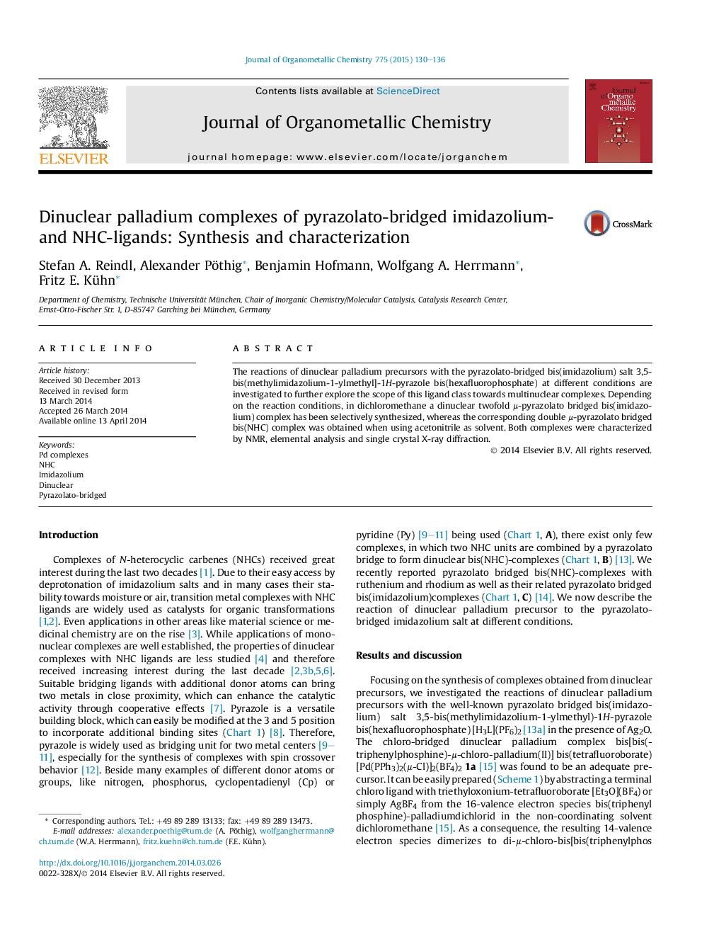عکس صفحه اول مقاله: Dinuclear palladium complexes of pyrazolato-bridged imidazolium- and NHC-ligands: Synthesis and characterization Dinuclear palladium complexes of pyrazolato-bridged imidazolium- and NHC-ligands: Synthesis and characterization