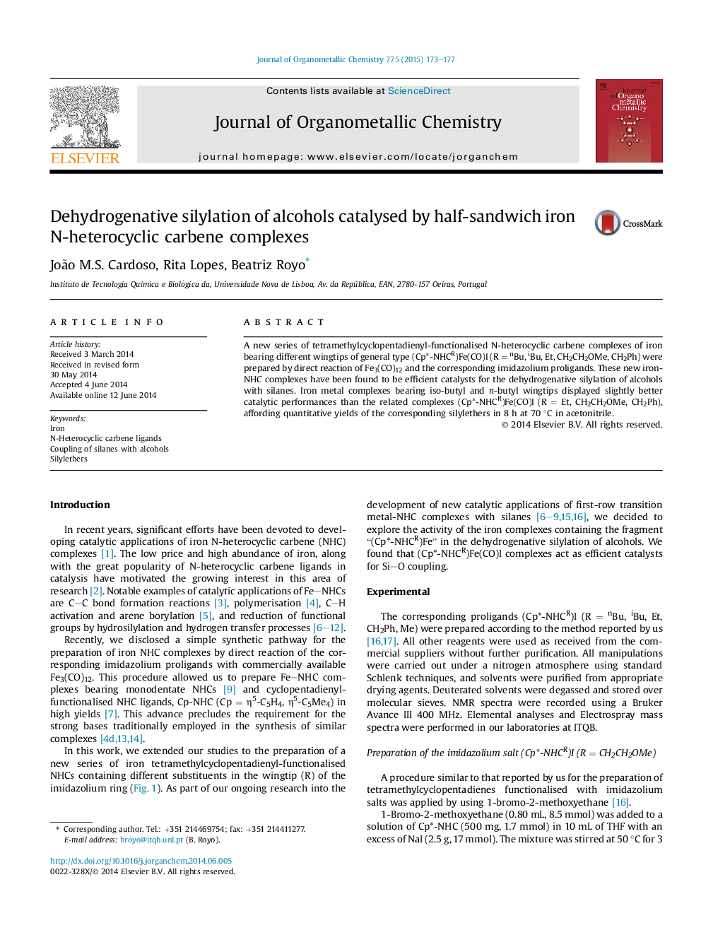 عکس صفحه اول مقاله: Dehydrogenative silylation of alcohols catalysed by half-sandwich iron N-heterocyclic carbene complexes Dehydrogenative silylation of alcohols catalysed by half-sandwich iron N-heterocyclic carbene complexes