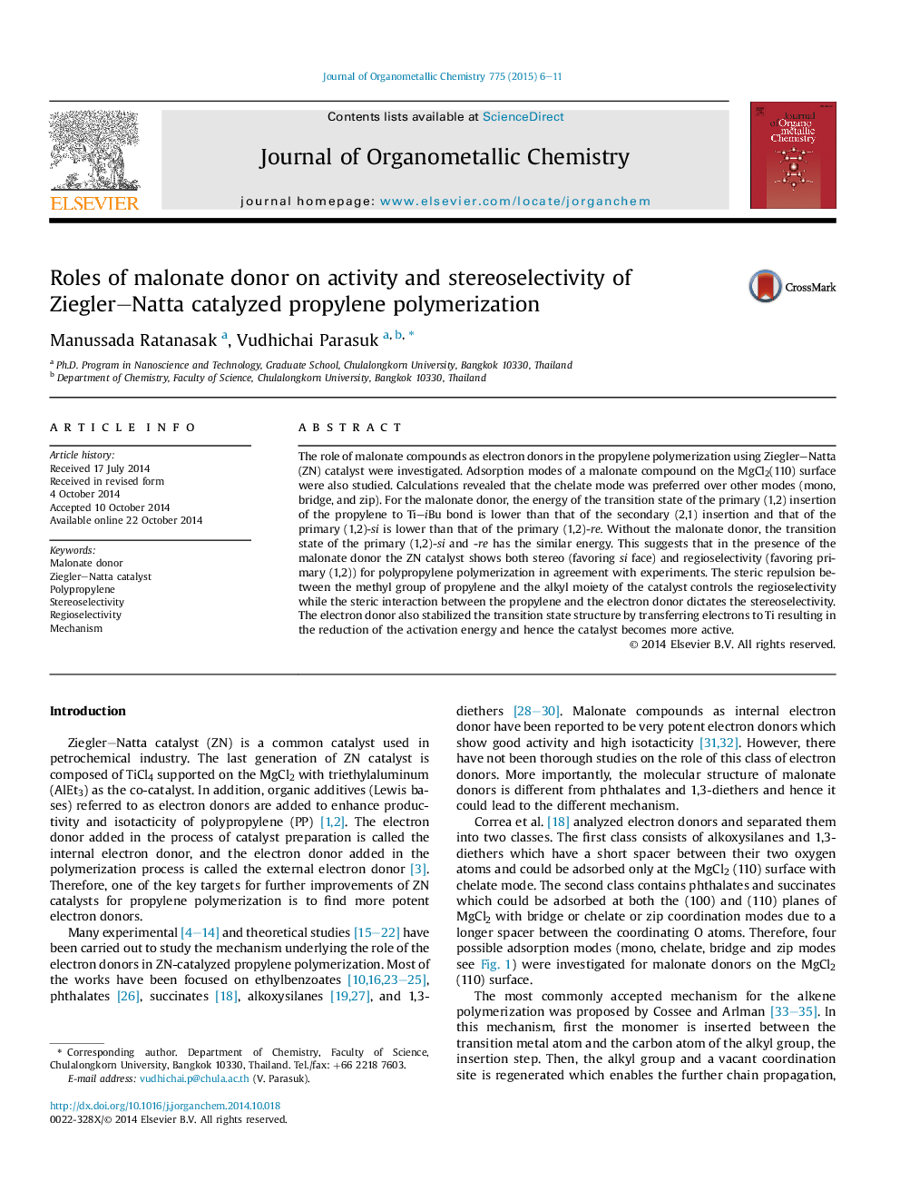 Roles of malonate donor on activity and stereoselectivity of Ziegler–Natta catalyzed propylene polymerization