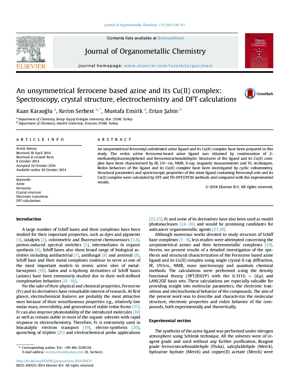 An unsymmetrical ferrocene based azine and its Cu(II) complex: Spectroscopy, crystal structure, electrochemistry and DFT calculations