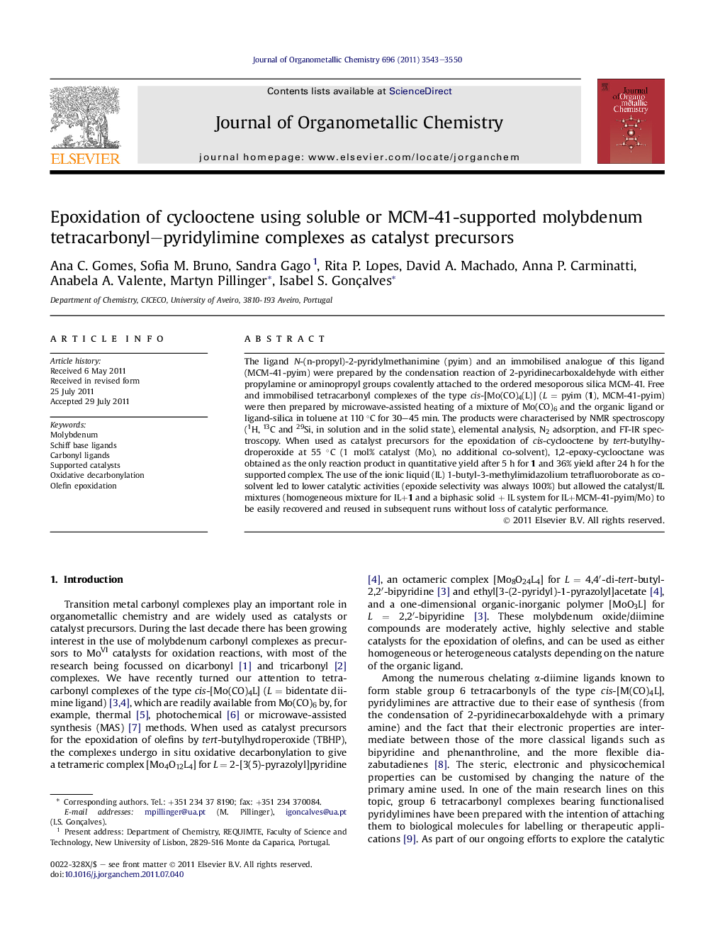 Epoxidation of cyclooctene using soluble or MCM-41-supported molybdenum tetracarbonyl–pyridylimine complexes as catalyst precursors