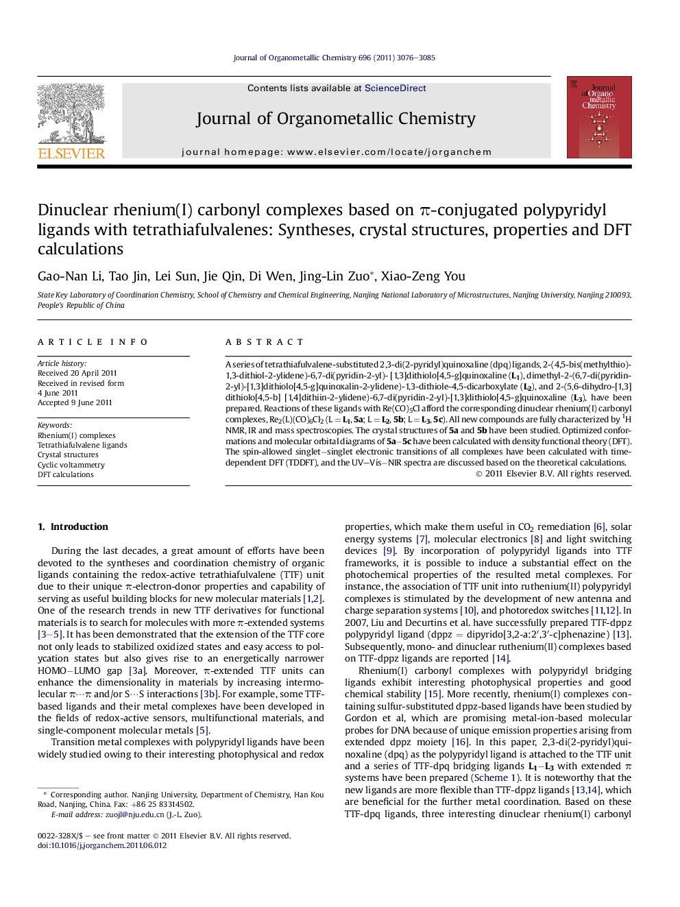 Dinuclear rhenium(I) carbonyl complexes based on π-conjugated polypyridyl ligands with tetrathiafulvalenes: Syntheses, crystal structures, properties and DFT calculations