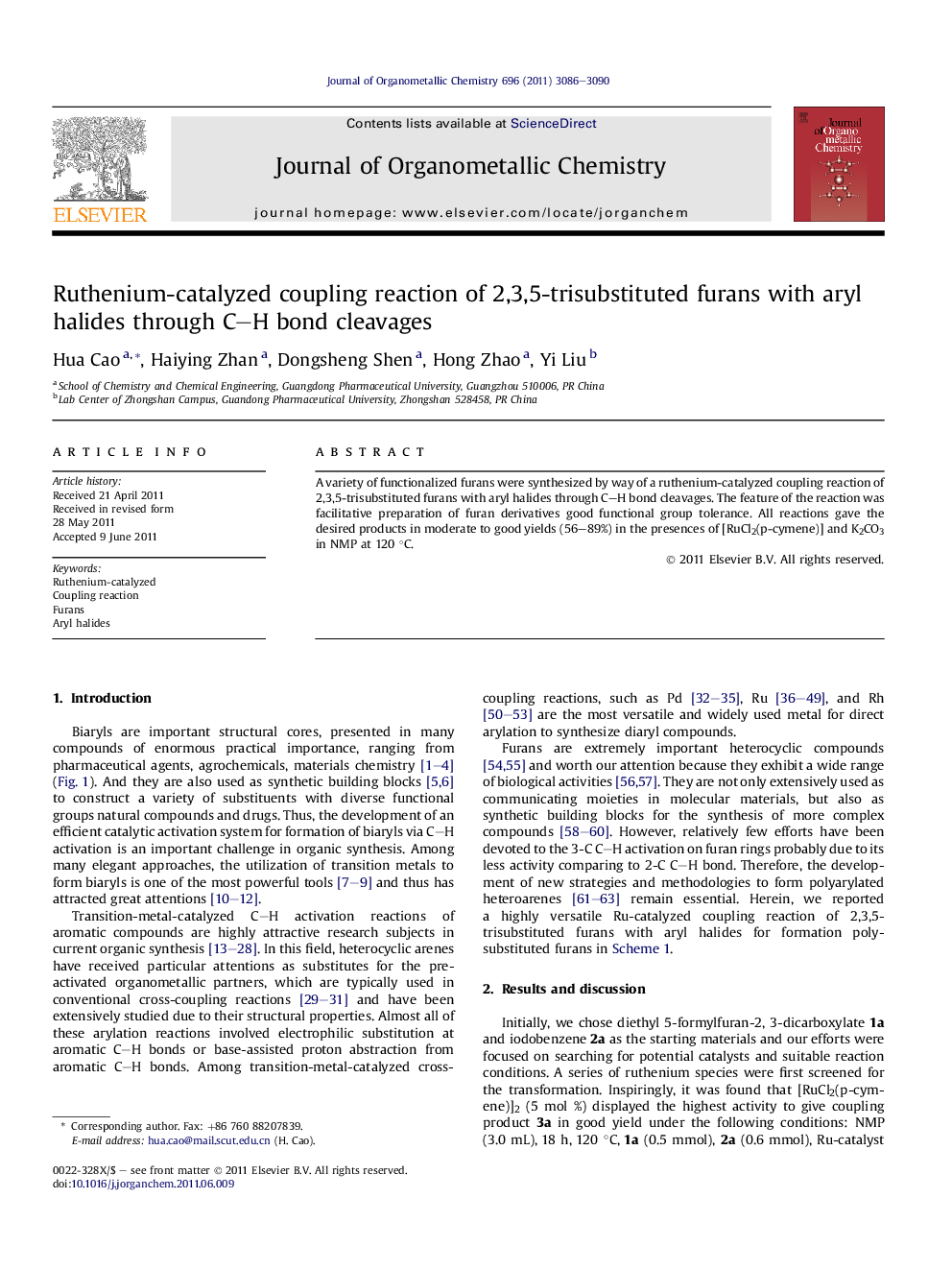 Ruthenium-catalyzed coupling reaction of 2,3,5-trisubstituted furans with aryl halides through C–H bond cleavages