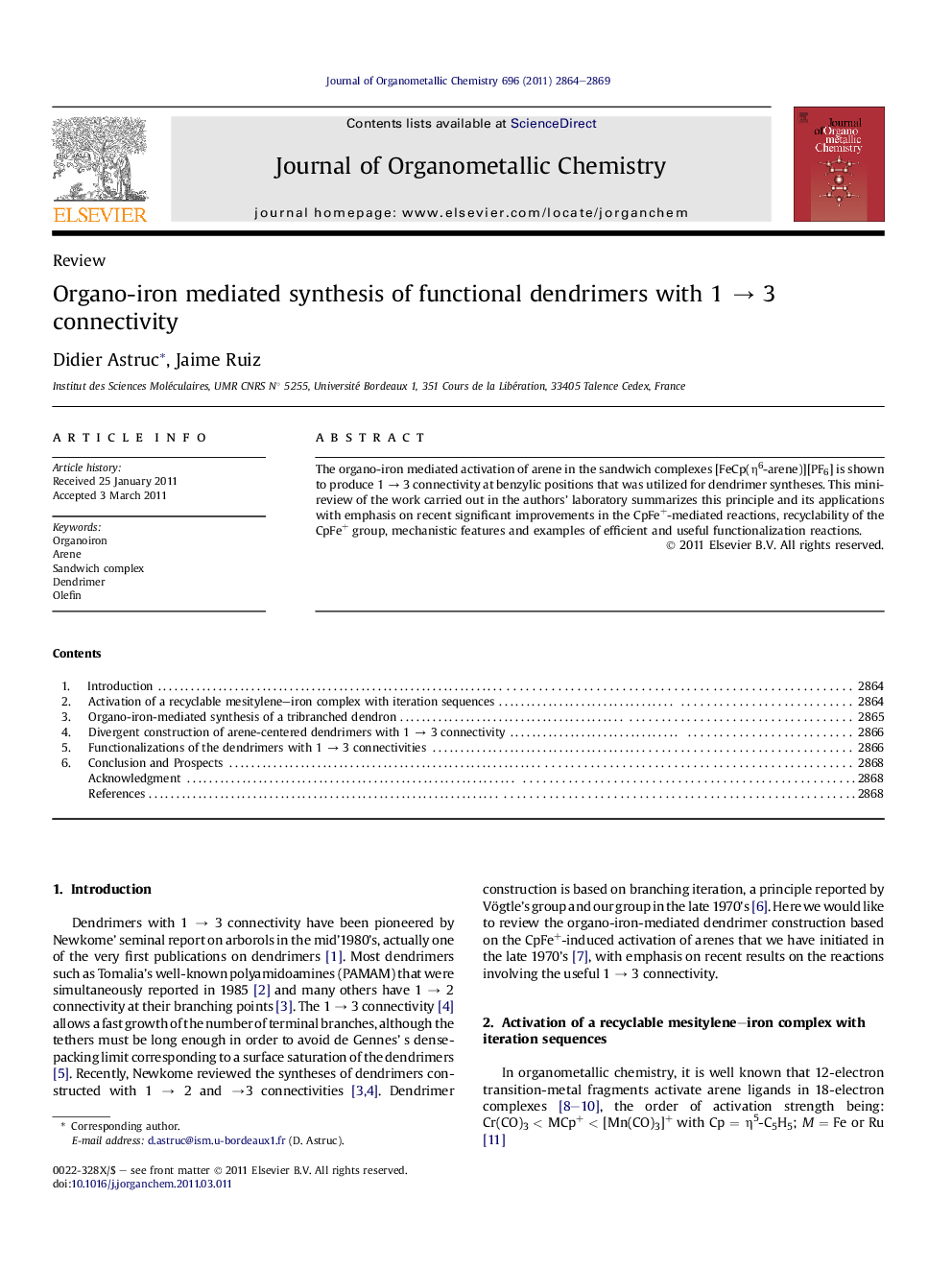 Organo-iron mediated synthesis of functional dendrimers with 1Â âÂ 3 connectivity