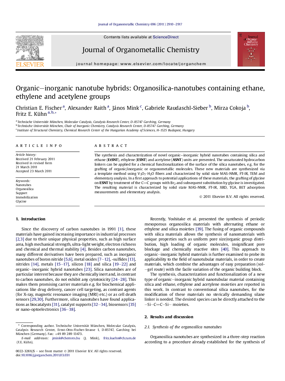 Organic–inorganic nanotube hybrids: Organosilica-nanotubes containing ethane, ethylene and acetylene groups