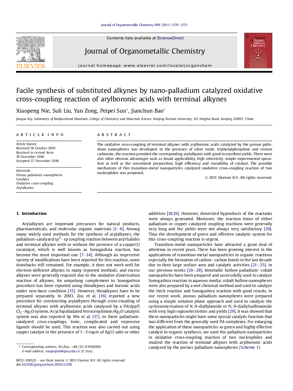 Facile synthesis of substituted alkynes by nano-palladium catalyzed oxidative cross-coupling reaction of arylboronic acids with terminal alkynes