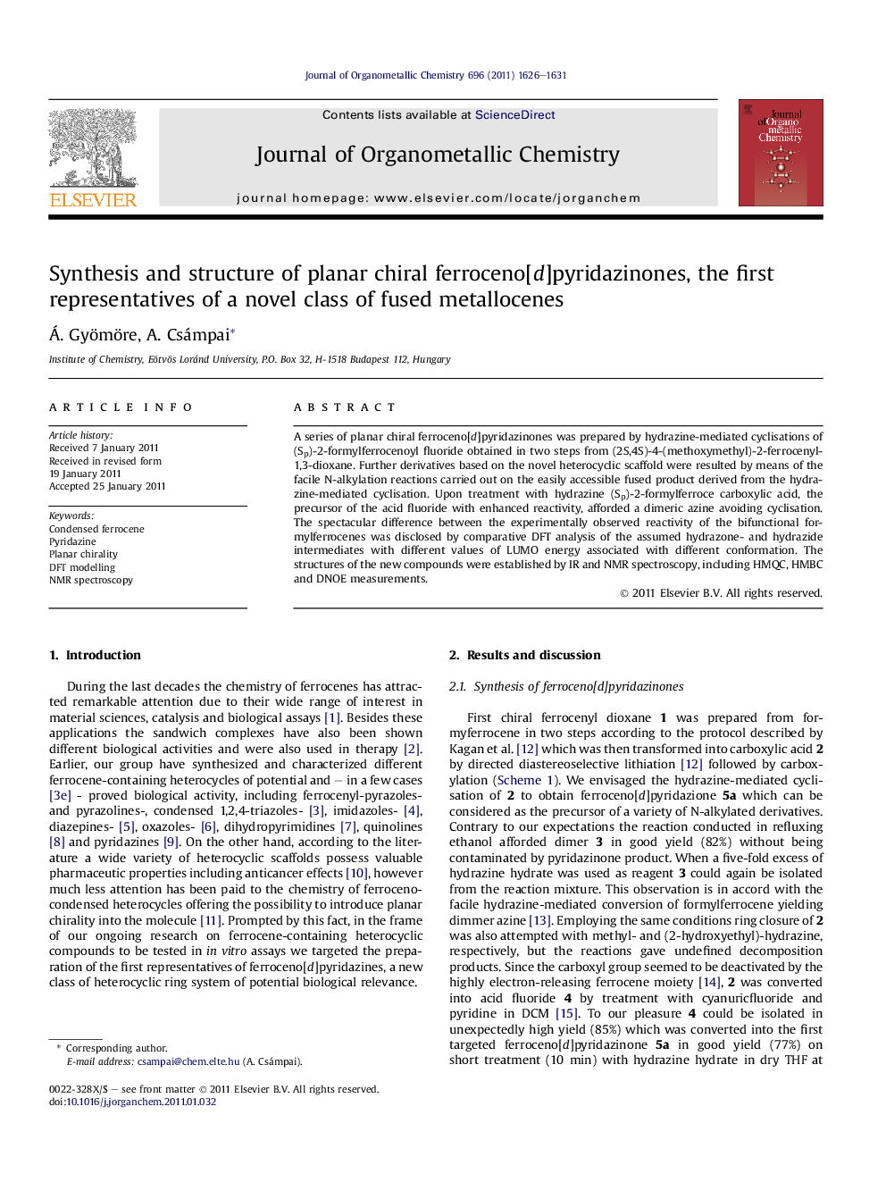 Synthesis and structure of planar chiral ferroceno[d]pyridazinones, the first representatives of a novel class of fused metallocenes