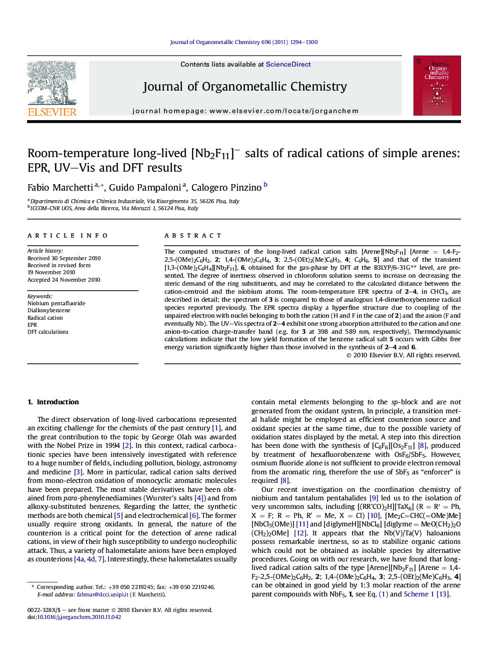 Room-temperature long-lived [Nb2F11]â salts of radical cations of simple arenes: EPR, UV-Vis and DFT results