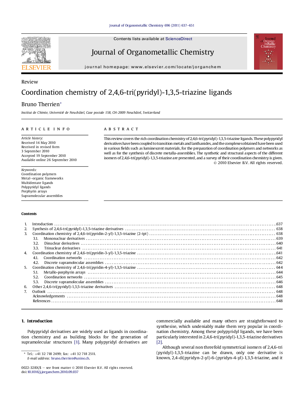 Coordination chemistry of 2,4,6-tri(pyridyl)-1,3,5-triazine ligands