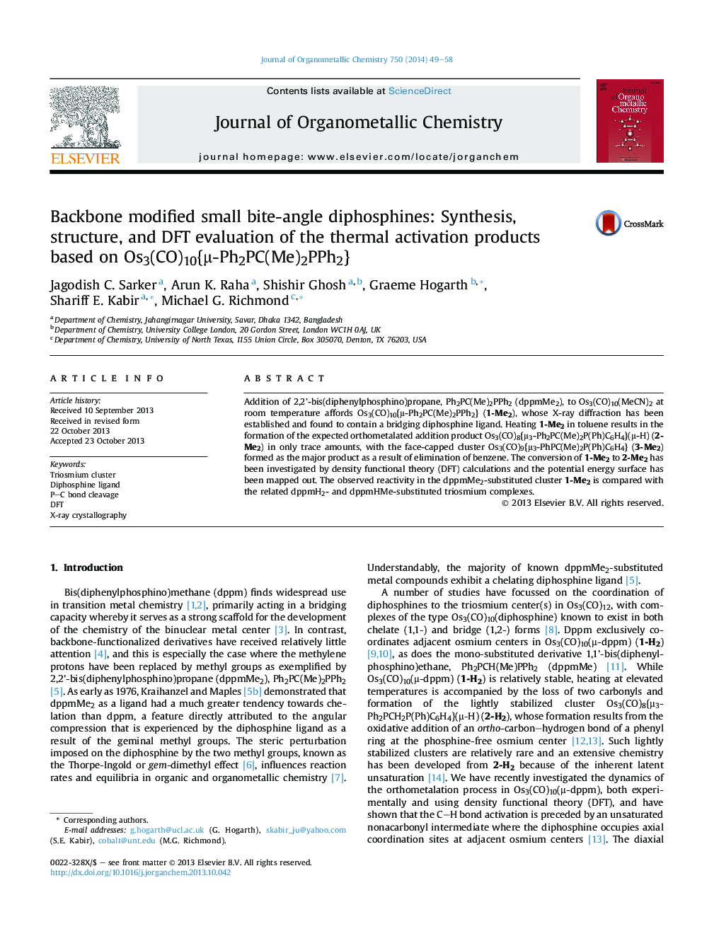 Backbone modified small bite-angle diphosphines: Synthesis, structure, and DFT evaluation of the thermal activation products based on Os3(CO)10{μ-Ph2PC(Me)2PPh2}