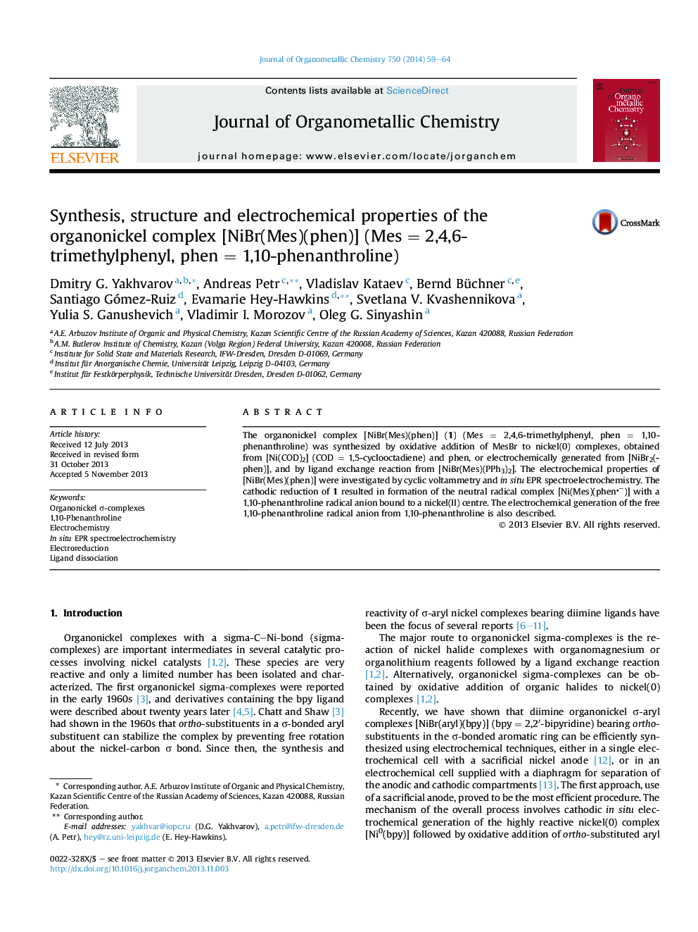 Synthesis, structure and electrochemical properties of the organonickel complex [NiBr(Mes)(phen)] (Mes = 2,4,6-trimethylphenyl, phen = 1,10-phenanthroline)