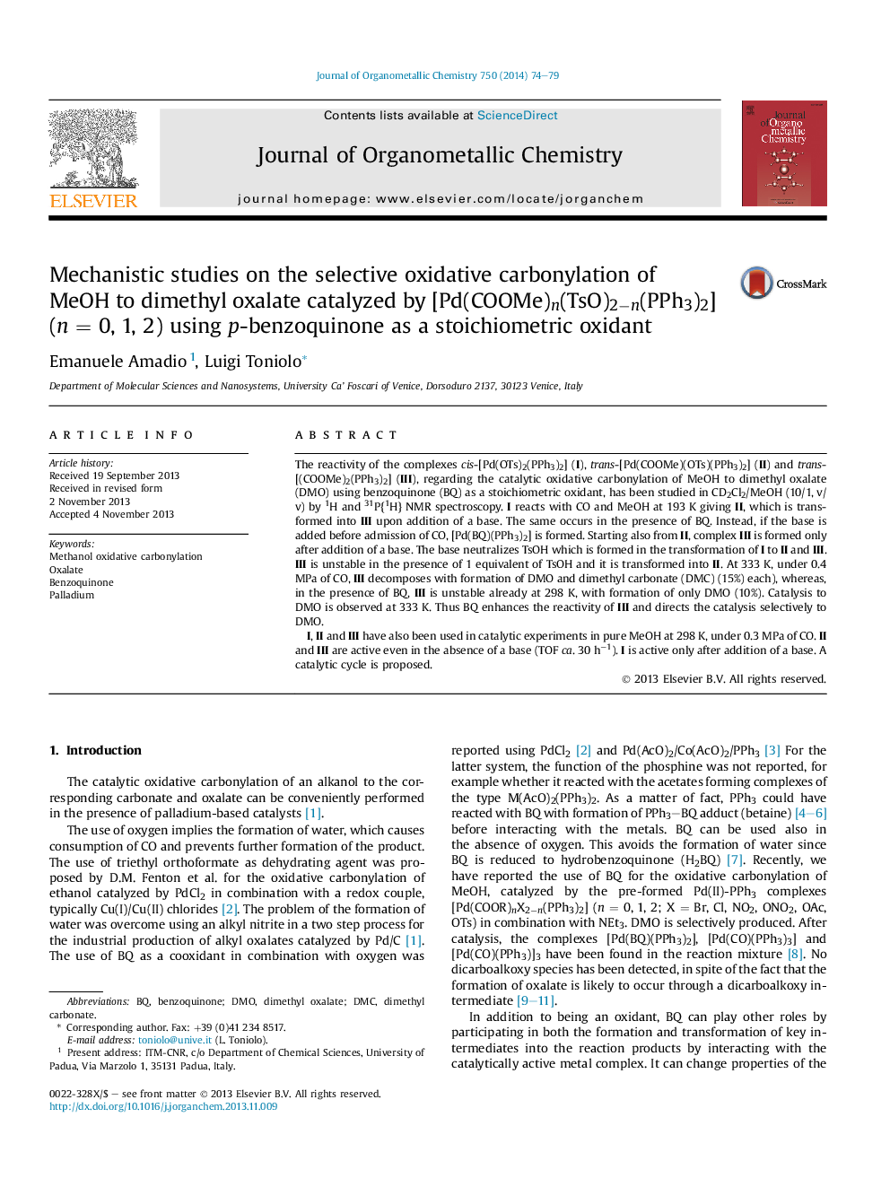 Mechanistic studies on the selective oxidative carbonylation of MeOH to dimethyl oxalate catalyzed by [Pd(COOMe)n(TsO)2−n(PPh3)2] (n = 0, 1, 2) using p-benzoquinone as a stoichiometric oxidant