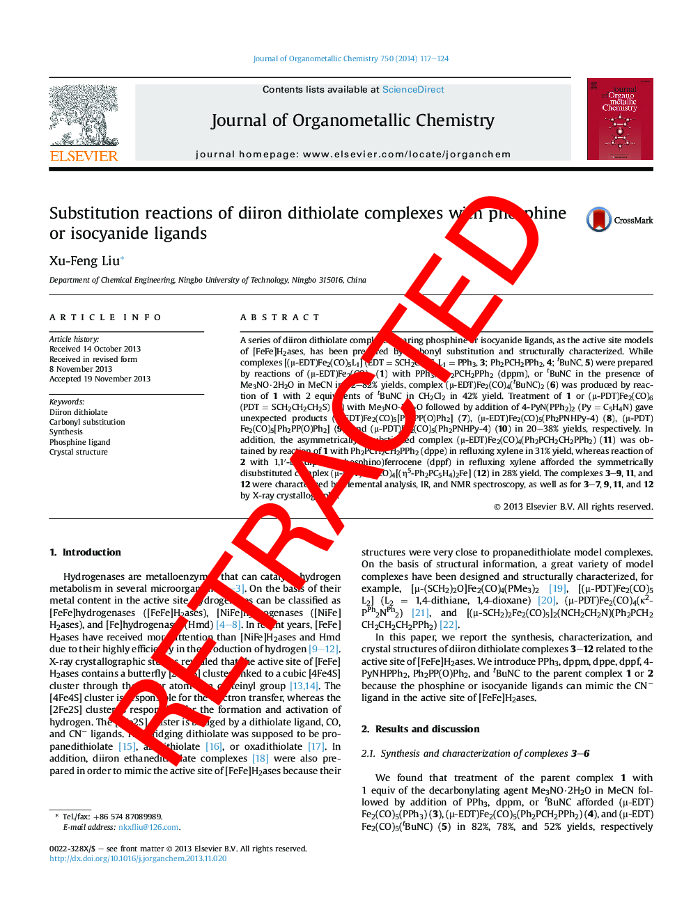 RETRACTED: Substitution reactions of diiron dithiolate complexes with phosphine or isocyanide ligands