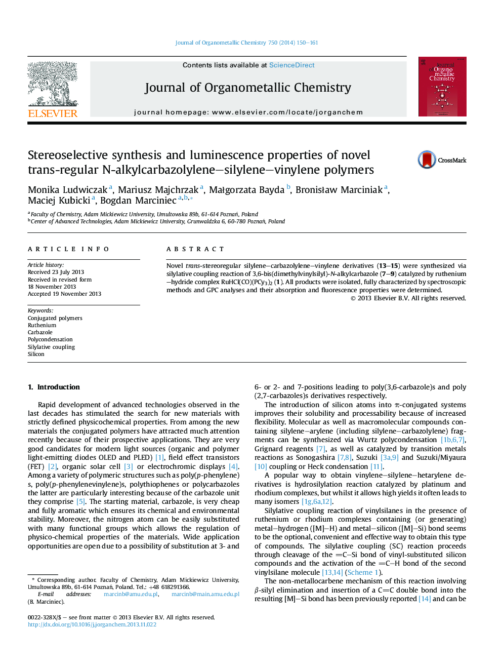 Stereoselective synthesis and luminescence properties of novel trans-regular N-alkylcarbazolylene–silylene–vinylene polymers