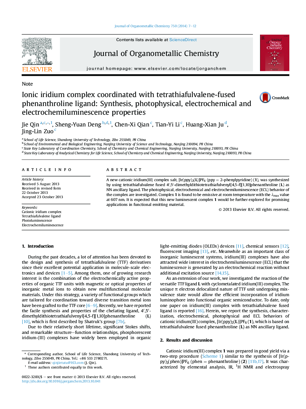 Ionic iridium complex coordinated with tetrathiafulvalene-fused phenanthroline ligand: Synthesis, photophysical, electrochemical and electrochemiluminescence properties