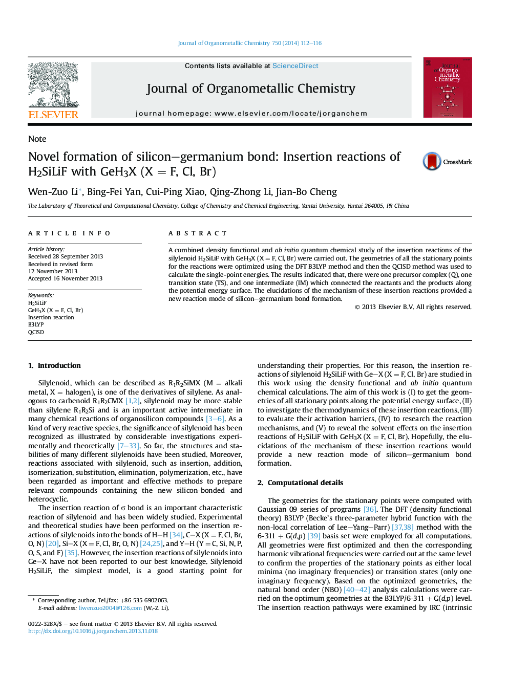 Novel formation of silicon–germanium bond: Insertion reactions of H2SiLiF with GeH3X (X = F, Cl, Br)