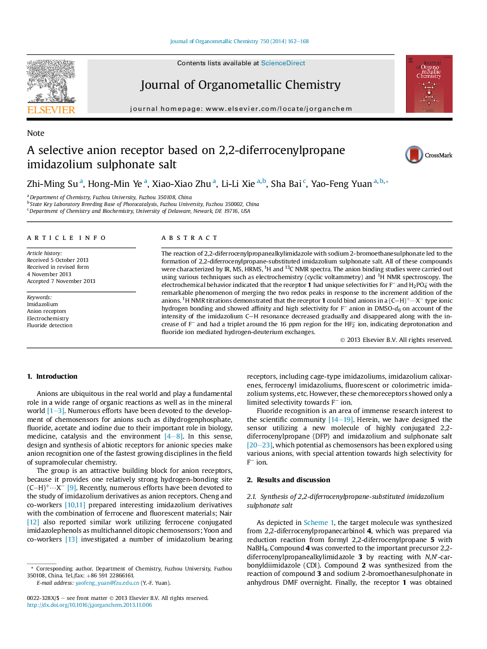 A selective anion receptor based on 2,2-diferrocenylpropane imidazolium sulphonate salt