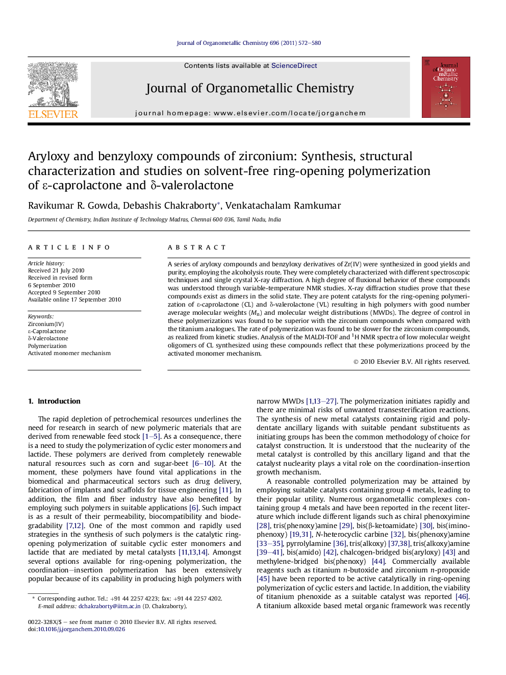 Aryloxy and benzyloxy compounds of zirconium: Synthesis, structural characterization and studies on solvent-free ring-opening polymerization of ɛ-caprolactone and δ-valerolactone