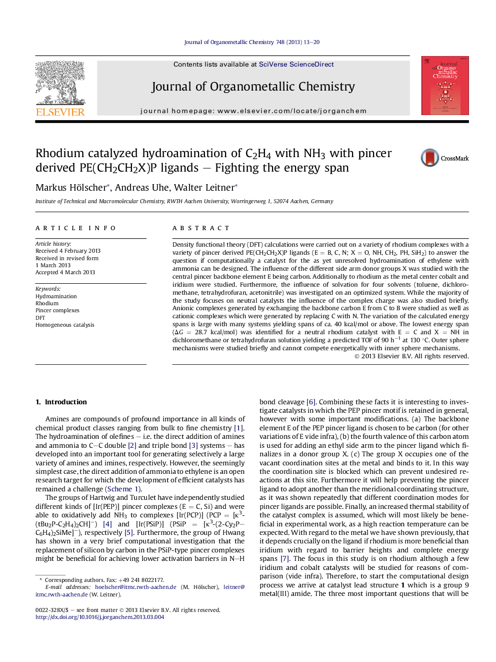 Rhodium catalyzed hydroamination of C2H4 with NH3 with pincer derived PE(CH2CH2X)P ligands – Fighting the energy span