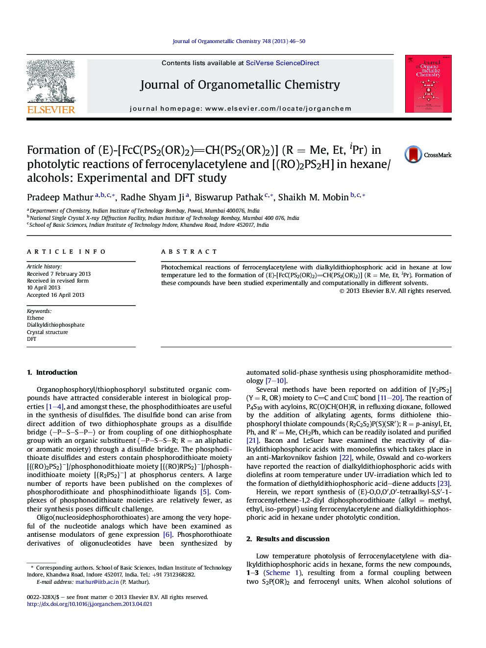 Formation of (E)-[FcC(PS2(OR)2)CH(PS2(OR)2)] (R = Me, Et, iPr) in photolytic reactions of ferrocenylacetylene and [(RO)2PS2H] in hexane/alcohols: Experimental and DFT study