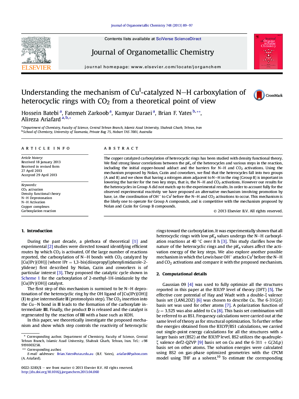 عکس صفحه اول مقاله: Understanding the mechanism of CuI-catalyzed N–H carboxylation of heterocyclic rings with CO2 from a theoretical point of view Understanding the mechanism of CuI-catalyzed N–H carboxylation of heterocyclic rings with CO2 from a theoretical point of view