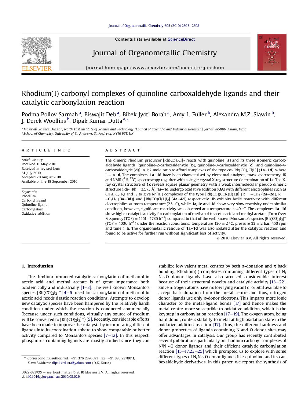 Rhodium(I) carbonyl complexes of quinoline carboxaldehyde ligands and their catalytic carbonylation reaction