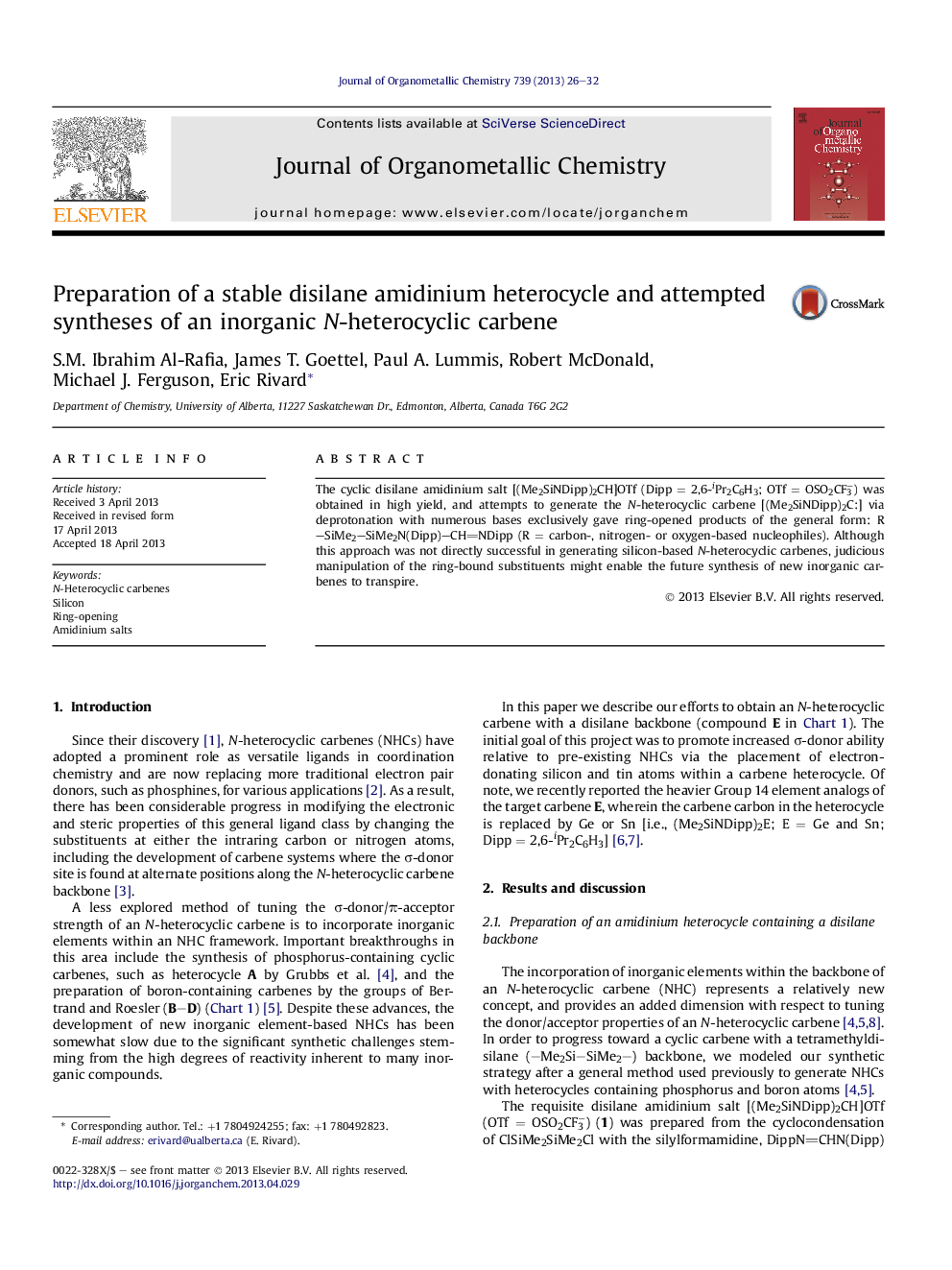 Preparation of a stable disilane amidinium heterocycle and attempted syntheses of an inorganic N-heterocyclic carbene