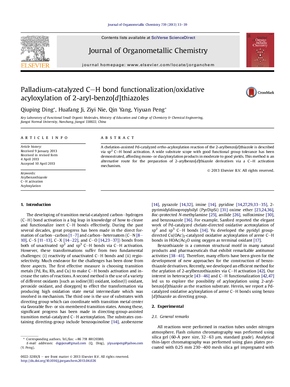 Palladium-catalyzed C–H bond functionalization/oxidative acyloxylation of 2-aryl-benzo[d]thiazoles