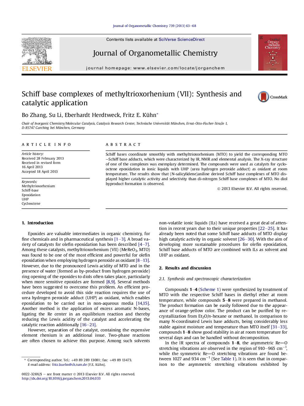 Schiff base complexes of methyltrioxorhenium (VII): Synthesis and catalytic application