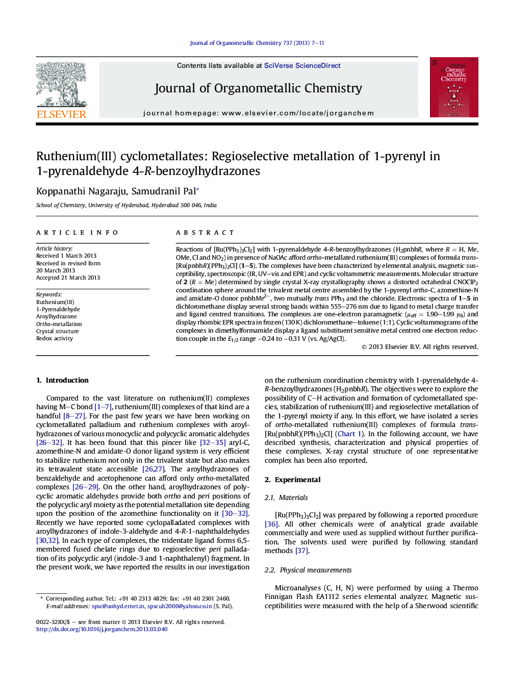 Ruthenium(III) cyclometallates: Regioselective metallation of 1-pyrenyl in 1-pyrenaldehyde 4-R-benzoylhydrazones