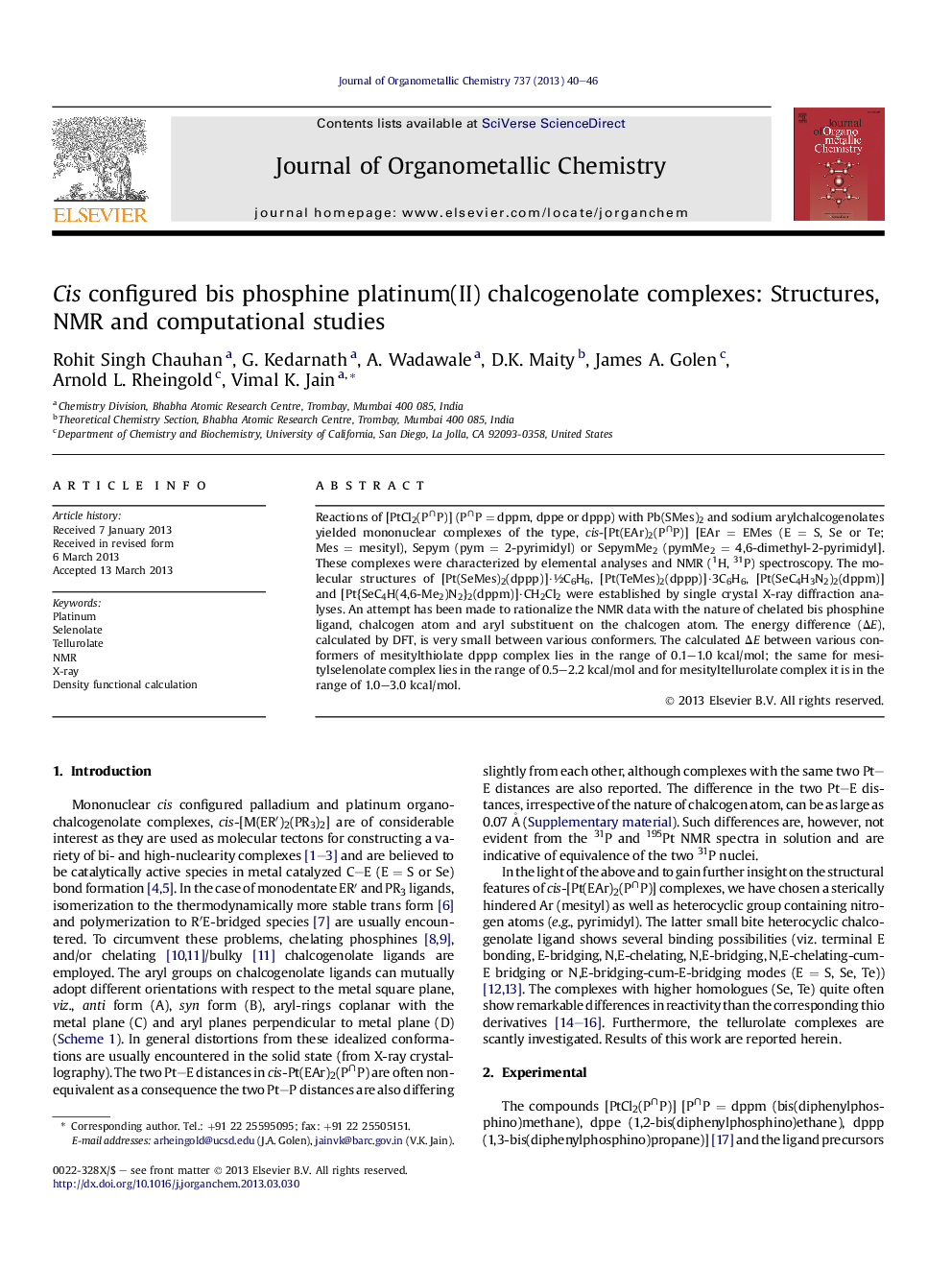 Cis configured bis phosphine platinum(II) chalcogenolate complexes: Structures, NMR and computational studies