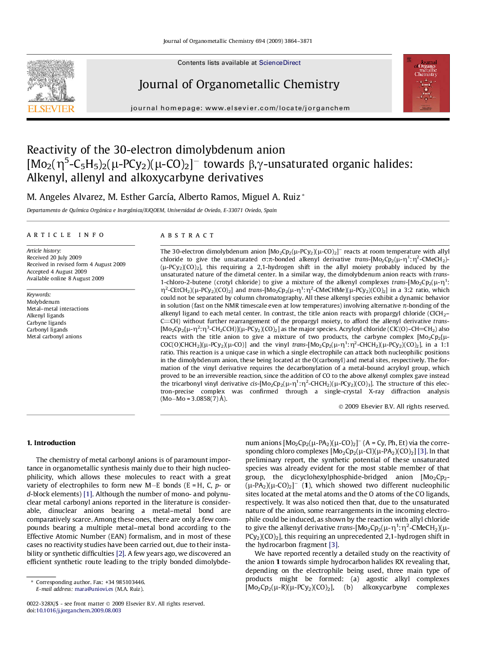 Reactivity of the 30-electron dimolybdenum anion [Mo2(η5-C5H5)2(μ-PCy2)(μ-CO)2]− towards β,γ-unsaturated organic halides: Alkenyl, allenyl and alkoxycarbyne derivatives