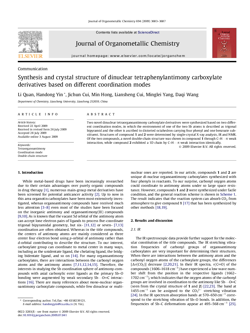 Synthesis and crystal structure of dinuclear tetraphenylantimony carboxylate derivatives based on different coordination modes