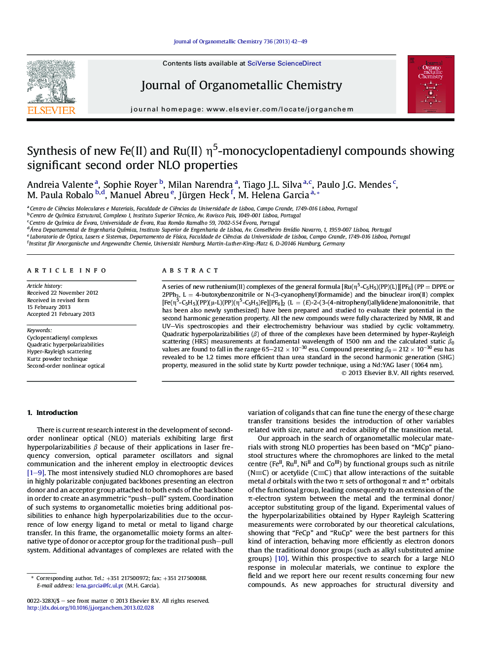 Synthesis of new Fe(II) and Ru(II) η5-monocyclopentadienyl compounds showing significant second order NLO properties