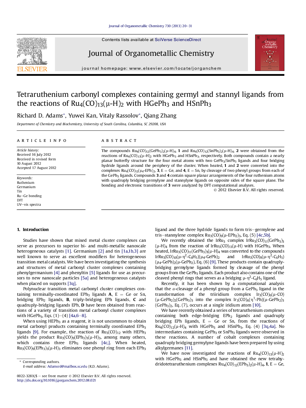 Tetraruthenium carbonyl complexes containing germyl and stannyl ligands from the reactions of Ru4(CO)13(μ-H)2 with HGePh3 and HSnPh3