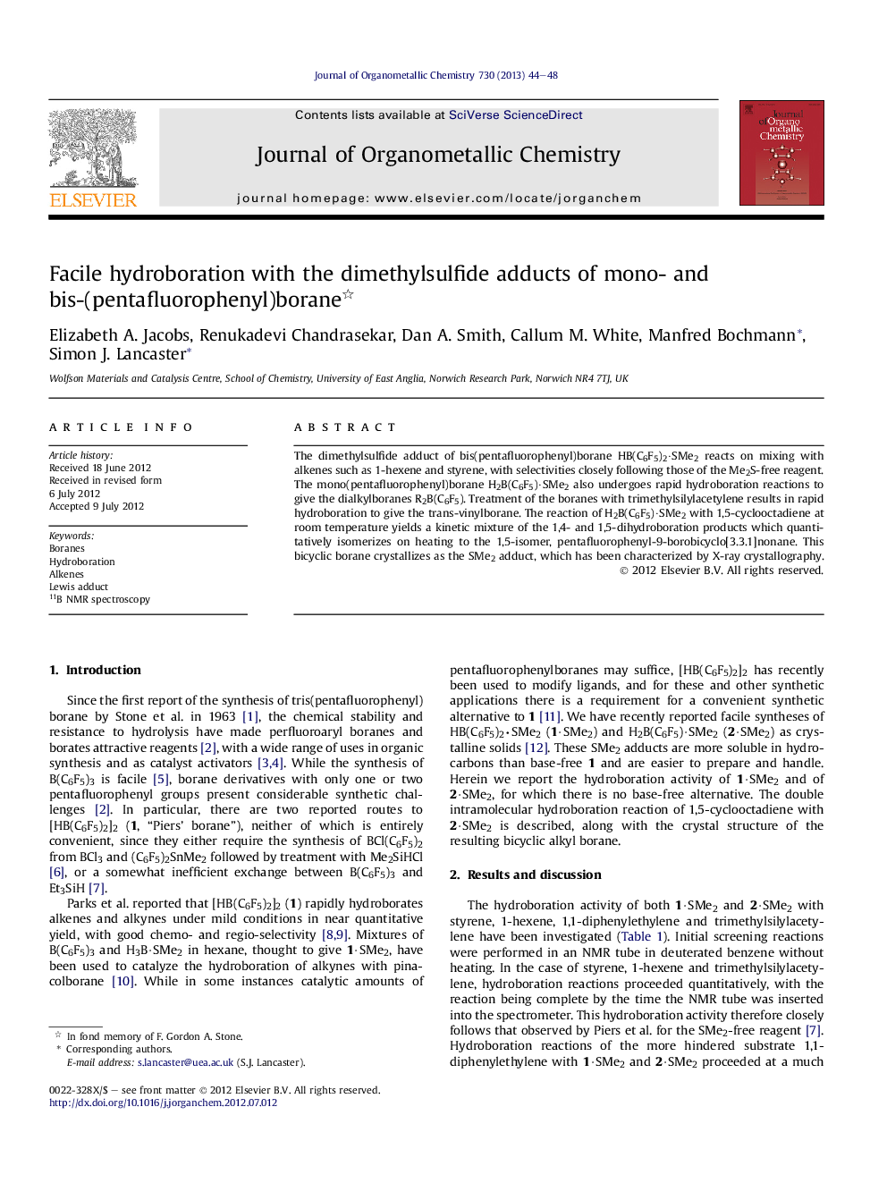 Facile hydroboration with the dimethylsulfide adducts of mono- and bis-(pentafluorophenyl)borane 