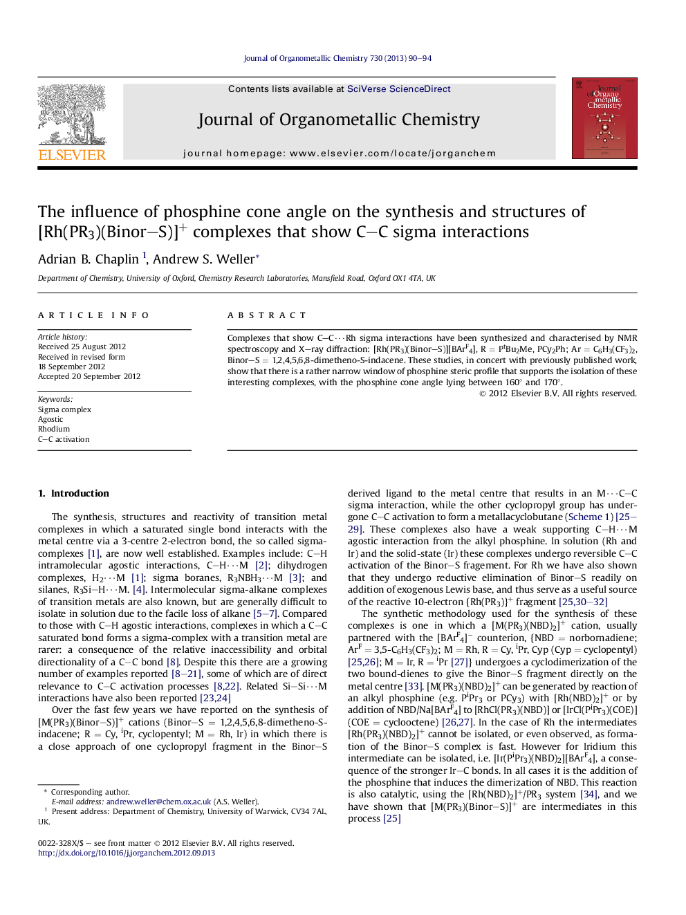 The influence of phosphine cone angle on the synthesis and structures of [Rh(PR3)(Binor–S)]+ complexes that show C–C sigma interactions