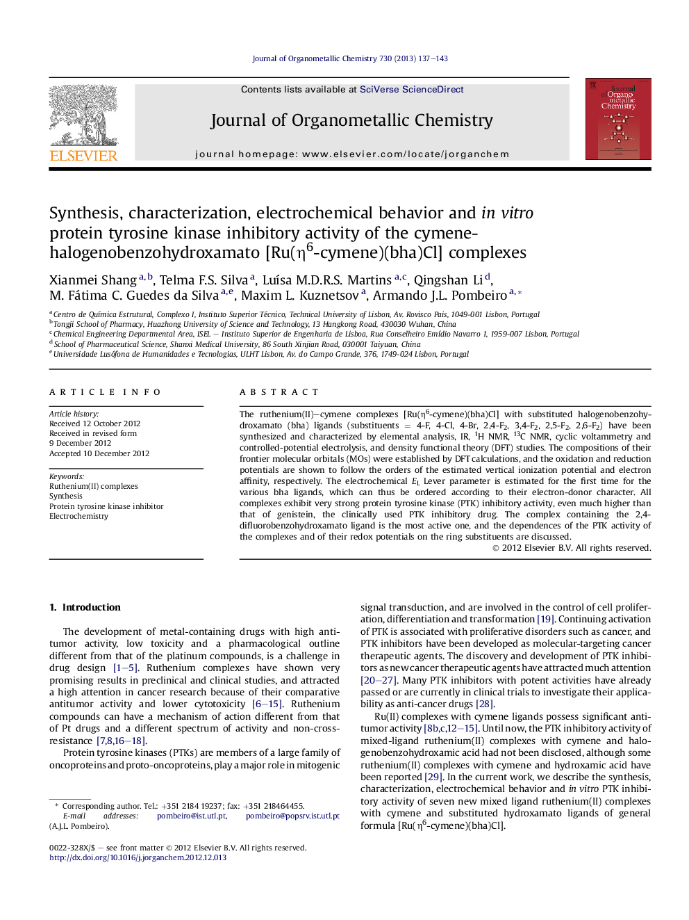 Synthesis, characterization, electrochemical behavior and in vitro protein tyrosine kinase inhibitory activity of the cymene-halogenobenzohydroxamato [Ru(η6-cymene)(bha)Cl] complexes