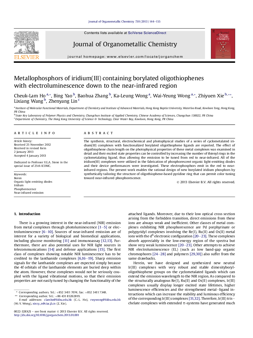 Metallophosphors of iridium(III) containing borylated oligothiophenes with electroluminescence down to the near-infrared region