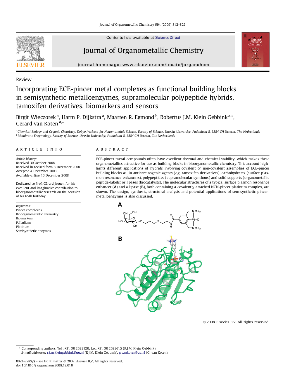 Incorporating ECE-pincer metal complexes as functional building blocks in semisynthetic metalloenzymes, supramolecular polypeptide hybrids, tamoxifen derivatives, biomarkers and sensors