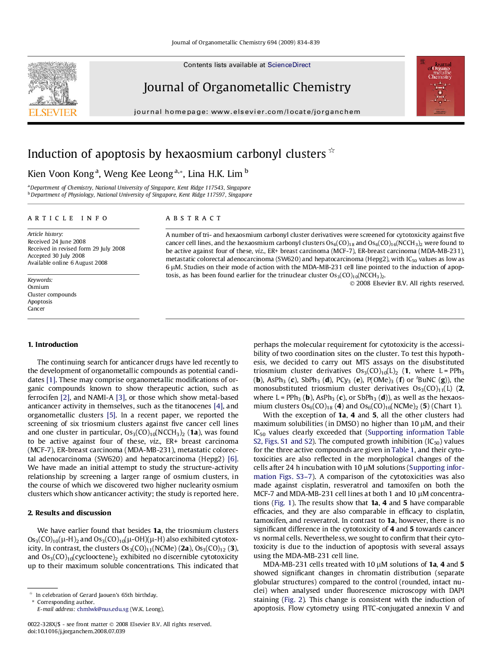 Induction of apoptosis by hexaosmium carbonyl clusters 