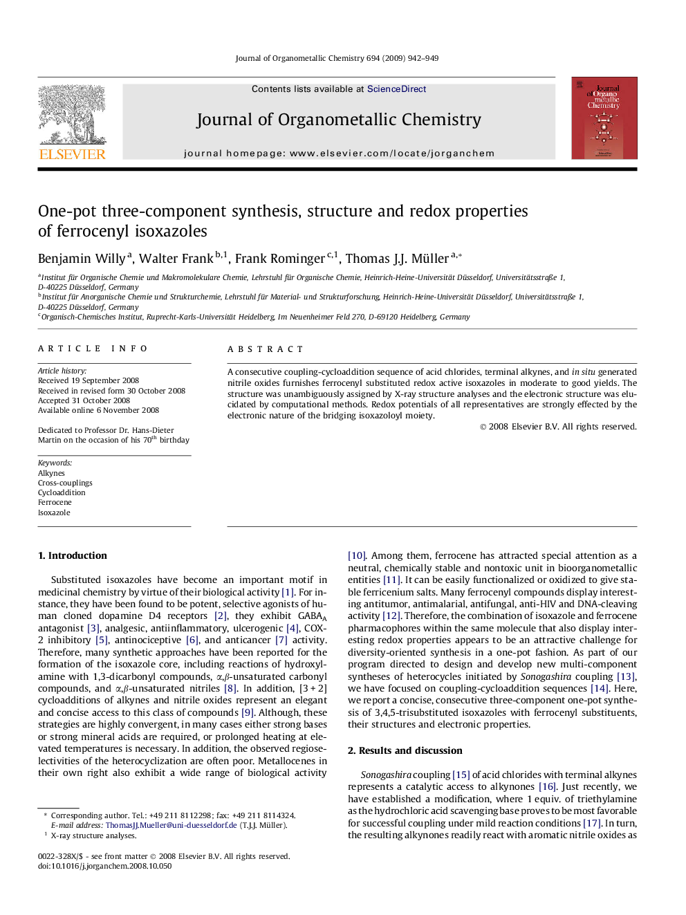 One-pot three-component synthesis, structure and redox properties of ferrocenyl isoxazoles