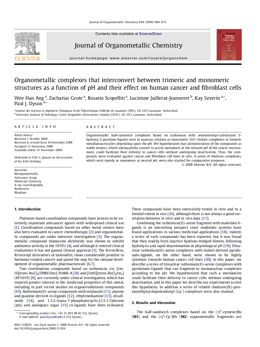 Organometallic complexes that interconvert between trimeric and monomeric structures as a function of pH and their effect on human cancer and fibroblast cells