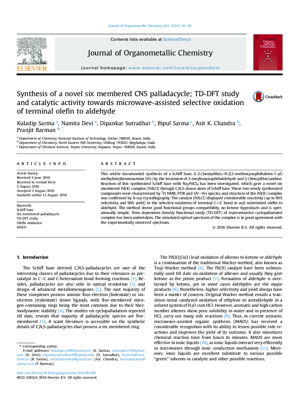 Synthesis of a novel six membered CNS palladacycle; TD-DFT study and catalytic activity towards microwave-assisted selective oxidation of terminal olefin to aldehyde