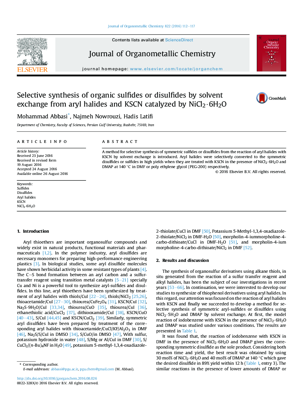 Selective synthesis of organic sulfides or disulfides by solvent exchange from aryl halides and KSCN catalyzed by NiCl2·6H2O