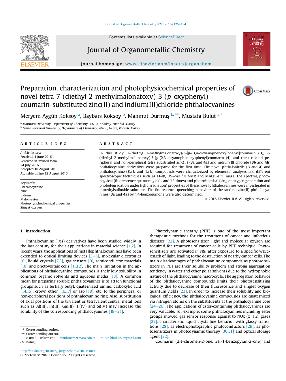 Preparation, characterization and photophysicochemical properties of novel tetra 7-(diethyl 2-methylmalonatoxy)-3-(p-oxyphenyl)coumarin-substituted zinc(II) and indium(III)chloride phthalocyanines