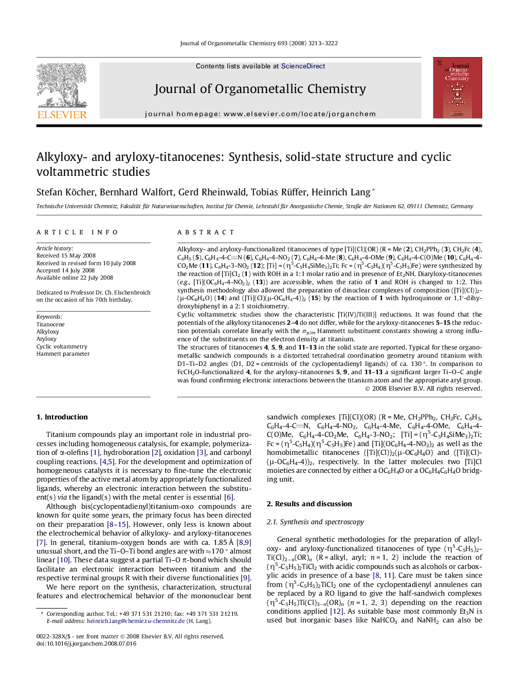 Alkyloxy- and aryloxy-titanocenes: Synthesis, solid-state structure and cyclic voltammetric studies