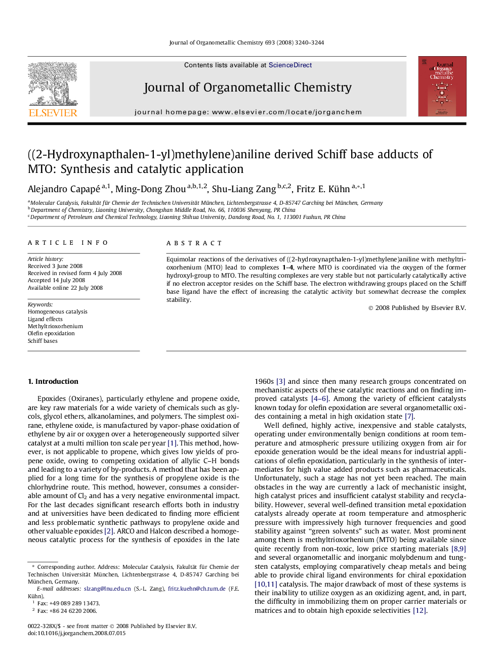 ((2-Hydroxynapthalen-1-yl)methylene)aniline derived Schiff base adducts of MTO: Synthesis and catalytic application