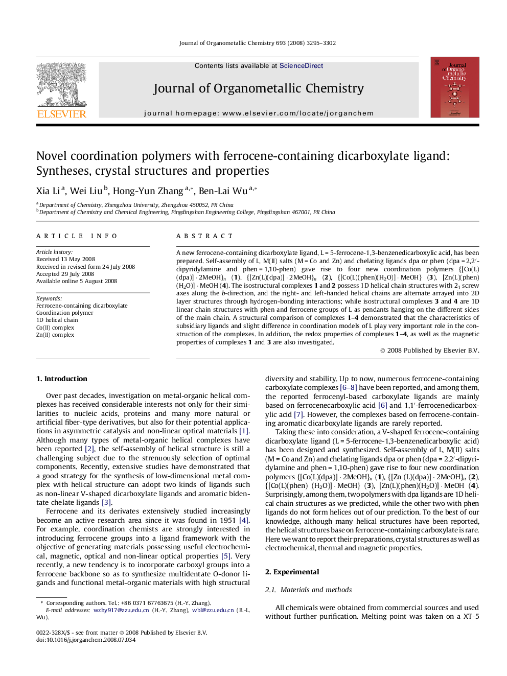 Novel coordination polymers with ferrocene-containing dicarboxylate ligand: Syntheses, crystal structures and properties